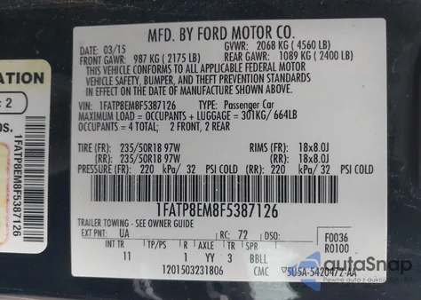 2015 Ford Mustang V6 из США, поврежденный, VIN 1FATP8EM8F5387126